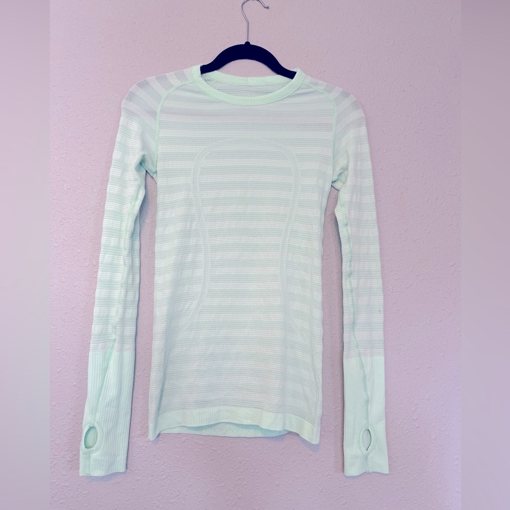 Lululemon Long Sleeve Swiftly - seafoam green color with stripes.